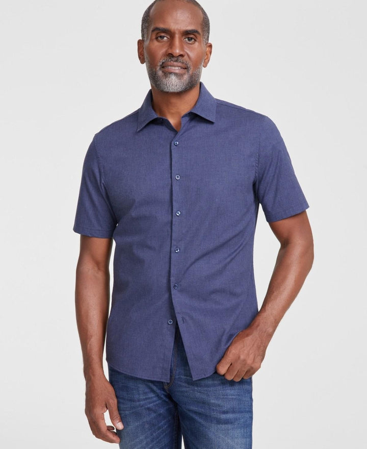 Translation missing: en.Michael Kors Men's Short Sleeve Button-Front Heathered Shirt Midnight Heather-XL