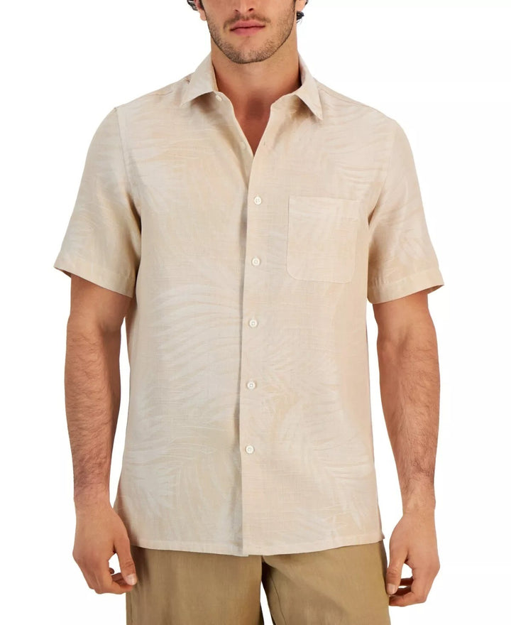 Translation missing: en.Club Room Men's Linen Blend Elevated Palm Jacquard Shirt Khaki Combo-Small