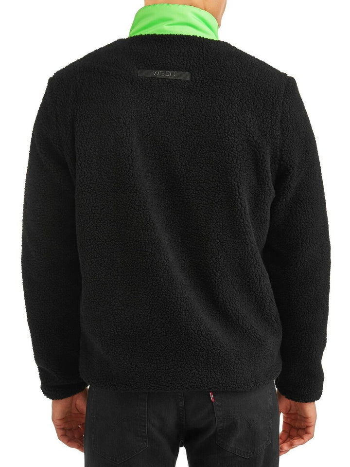 Translation missing: en.WeSC Moritz Mixed-Media Sherpa Slim Fit Fleece Jacket Black Neon Green-Size Med