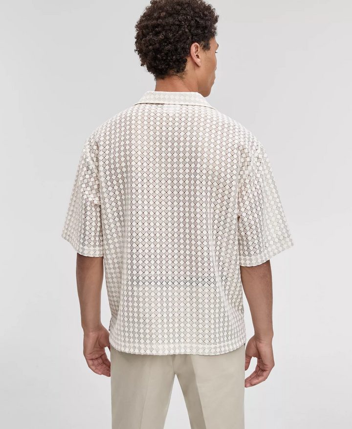 Translation missing: en.Mode of One Men's Relaxed-Fit Textured-Knit Bubble Lace Camp Shirt-Beige-Medium