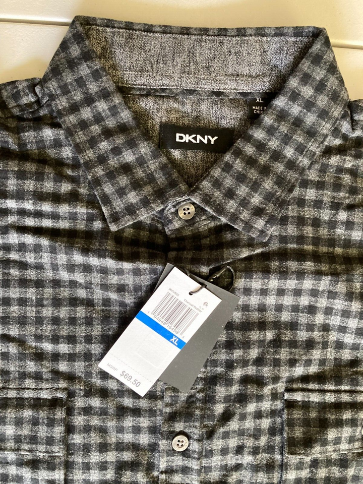 Translation missing: en.DKNY Men's Fulton Gingham Long-Sleeve Cotton Flannel Shirt Charcoal Heather-XL