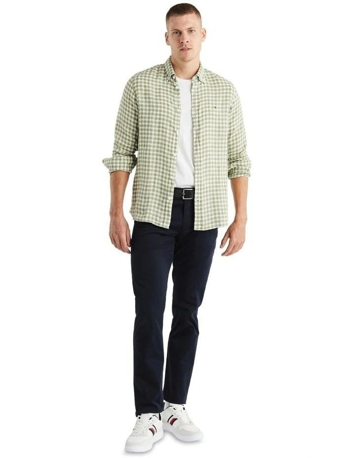 Translation missing: en.Tommy Hilfiger Men's Slim-Fit Gingham Check Linen Shirt Faded Olive  White-Small