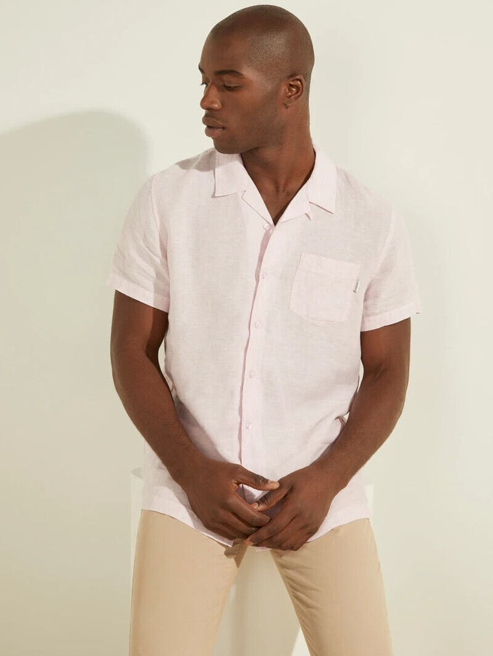 Translation missing: en.Guess Men's Regular Fit Eco Linen Camp Shirt in Blossom Light Pink Multi-Medium