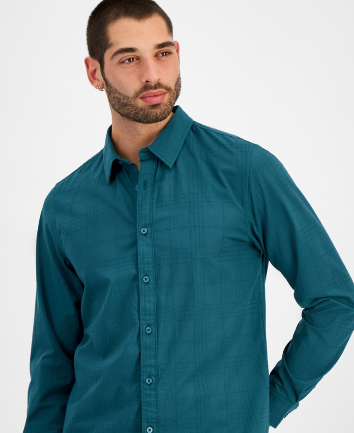 Translation missing: en.Guess Men's Regent Slim-Fit Tonal Stitched Plaid Shirt True Teal-Medium