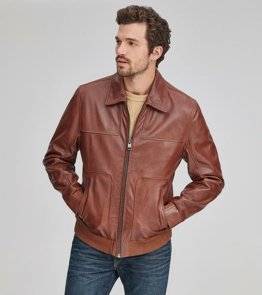 Translation missing: en.Andrew Marc Men's Vaughn Shirt Collar Leather Bomber Jacket in Cognac Brown-2XL