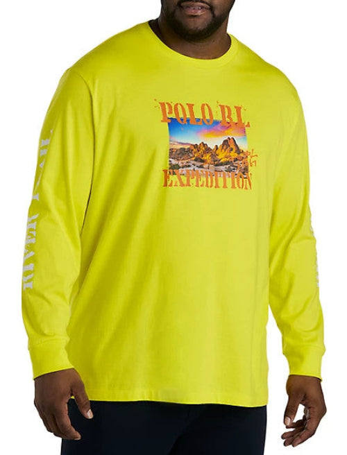 Translation missing: en.A man wearing a bright neon yellow long-sleeve t-shirt with a 'Polo Blrd Expedition' graphic on the chest and 'RIVERWEIGHT' printed down the right sleeve
