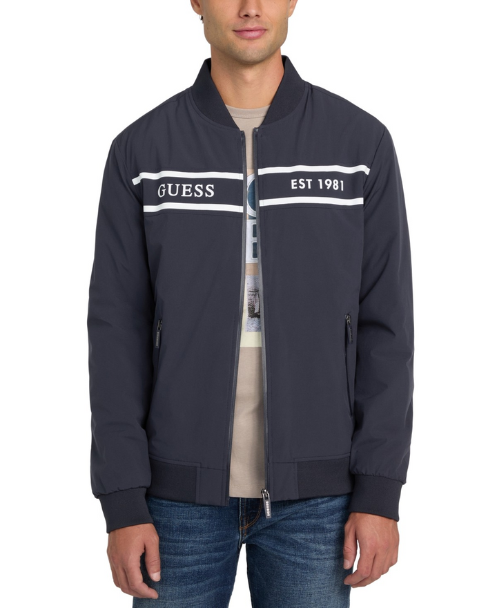 Translation missing: en.Guess Men's Bomber Jacket Size Large Navy Sea Lightweight Logo Full-Zip Stretch