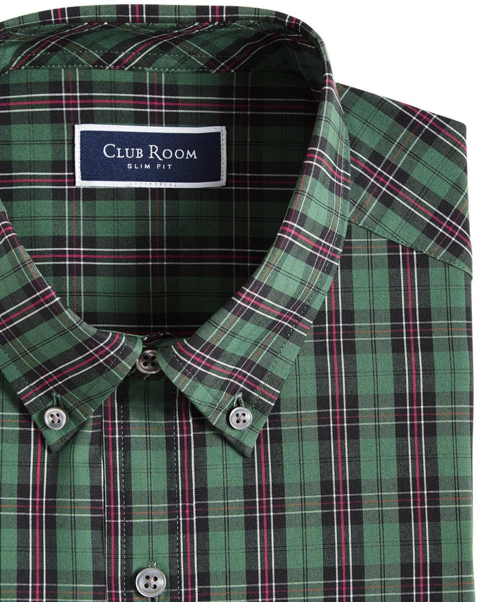 Translation missing: en.Club Room Mens Slim Fit 4-Way Stretch Plata Plaid Dress Shirt Green-Small