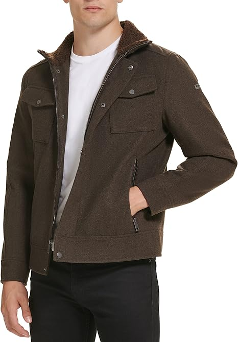 Translation missing: en.Kenneth Cole Mens Textured Wool Blend Sherpa Inner Collar Jacket Medium Brown-XL