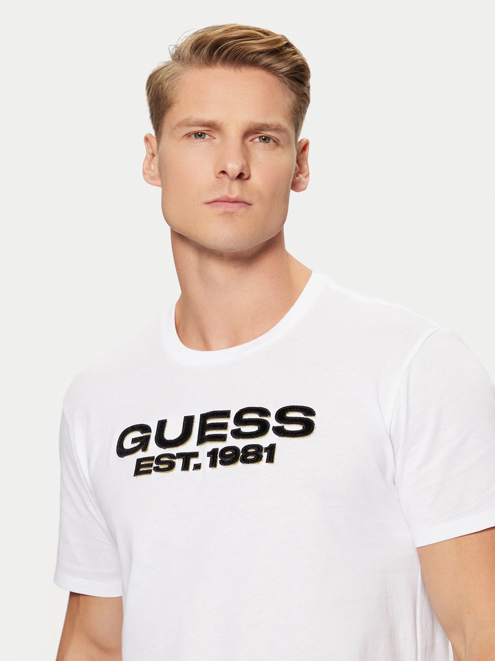 Translation missing: en.Guess Men's T-Shirt Size 2XL Pure White Slim-Fit Embossed Velvet Logo Graphic