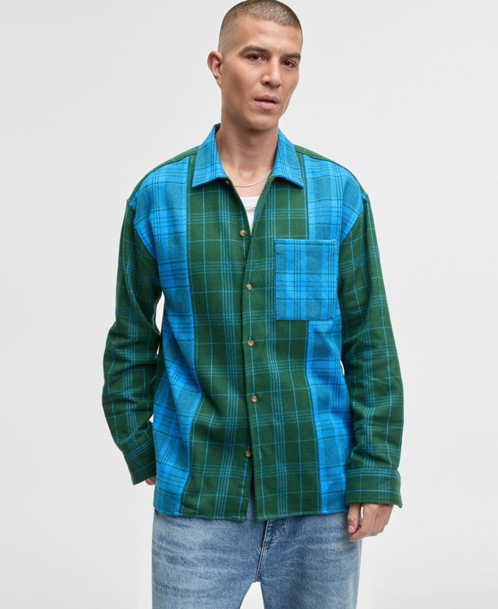 Translation missing: en.Mode of One Mens Relaxed-Fit Camp-Collar Plaid Flannel Shirt Digital Blue - XL