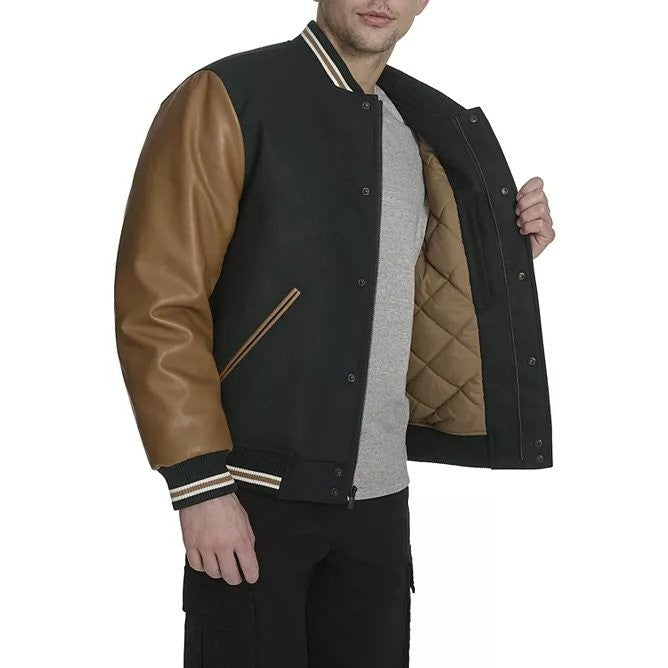 Translation missing: en.Champion Men's Mixed Media Varsity Jacket - Rainforest/Tobacco -Size Medium
