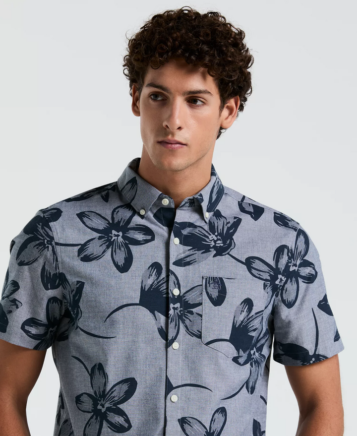 Translation missing: en.Original Penguin Mens Slim Short Sleeve Chambray Print Shirt Dark Sapphire-Large